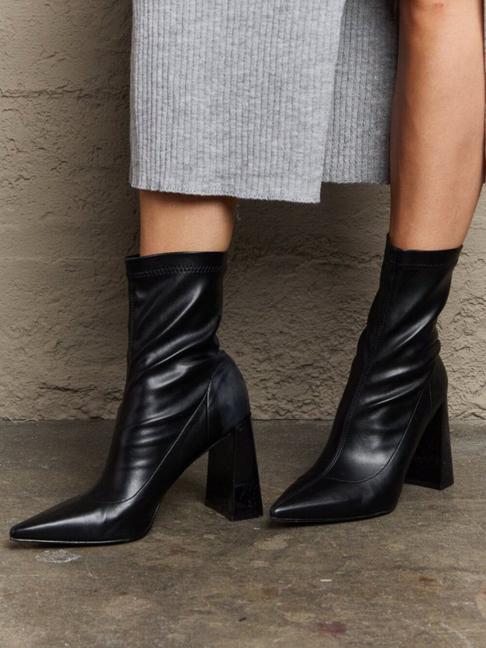 Black Pointed Toe Sock Boots | 4” Shiny Block Heel Booties